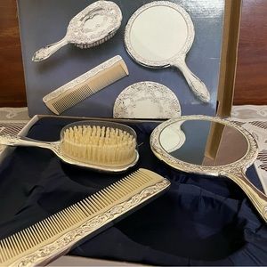 Vintage Dresser Set of Mirror, Brush, and Comb (Silver Plated)